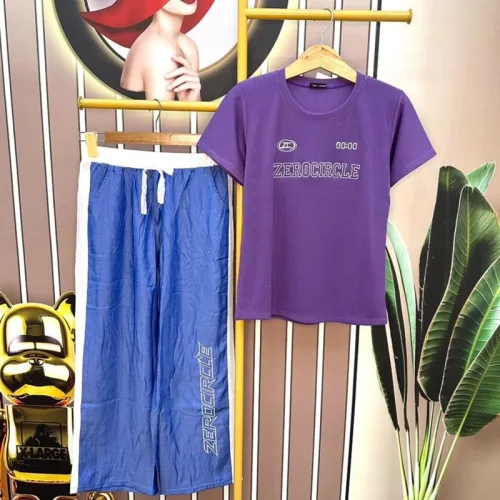 Đồ bộ quần dài jean áo tay ngắn in chữ