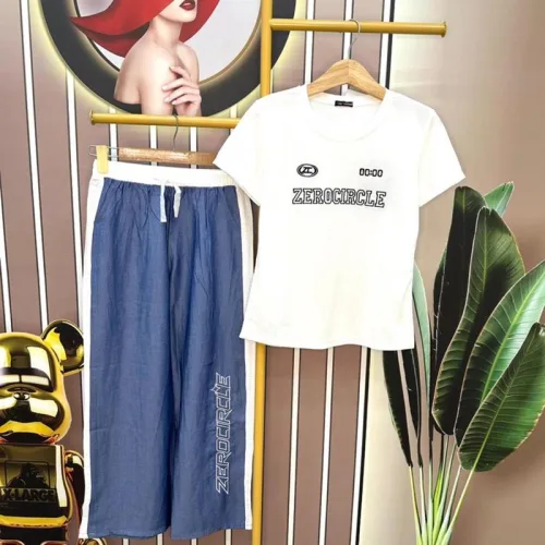 Đồ bộ quần dài jean áo tay ngắn in chữ