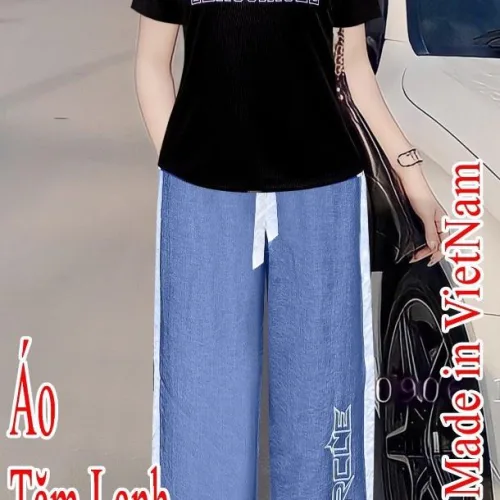 Đồ bộ quần dài jean áo tay ngắn in chữ