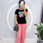Đồ bộ quần dài màu áo tay ngắn cổ tròn in hình