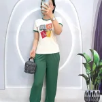 Đồ bộ quần dài màu áo tay ngắn cổ tròn in hình