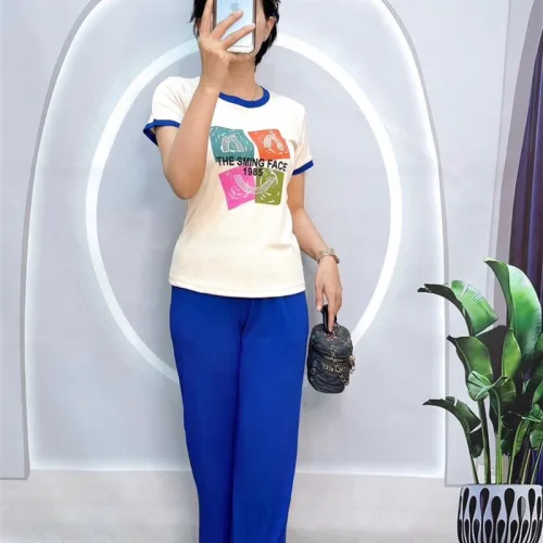 Đồ bộ quần dài màu áo tay ngắn cổ tròn in hình