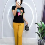 Đồ bộ quần dài màu áo tay ngắn cổ tròn in hình