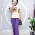 Đồ bộ quần dài màu áo tay ngắn cổ tròn in hình