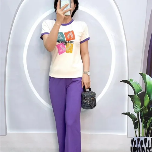 Đồ bộ quần dài màu áo tay ngắn cổ tròn in hình
