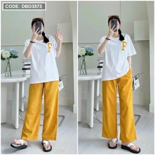 Đồ bộ quần dài màu áo trắng tay ngắn in chữ F