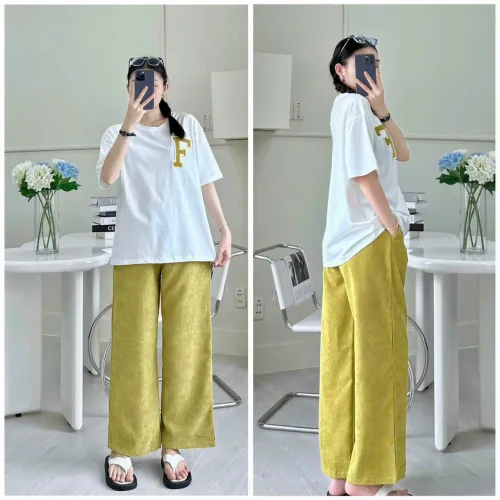 Đồ bộ quần dài màu áo trắng tay ngắn in chữ F