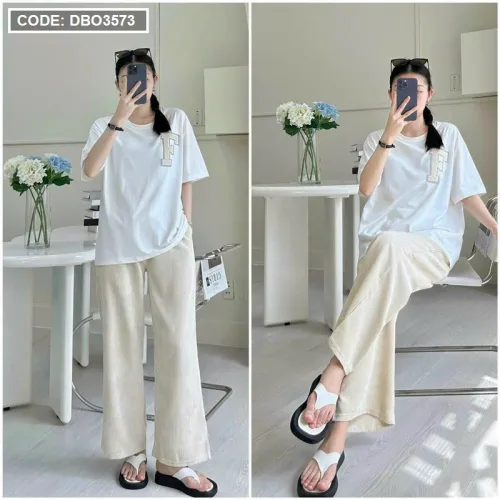 Đồ bộ quần dài màu áo trắng tay ngắn in chữ F