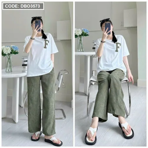Đồ bộ quần dài màu áo trắng tay ngắn in chữ F