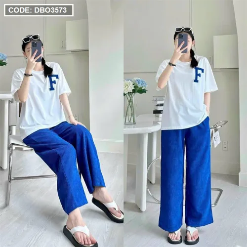 Đồ bộ quần dài màu áo trắng tay ngắn in chữ F