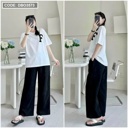 Đồ bộ quần dài màu áo trắng tay ngắn in chữ F