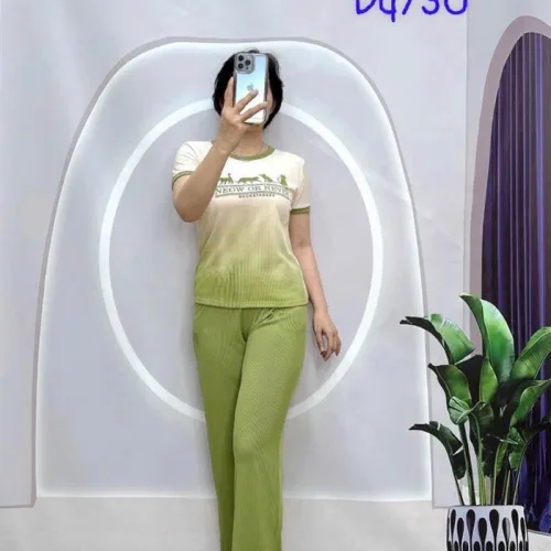 Đồ bộ quần dài ống loa áo tay ngắn in hình