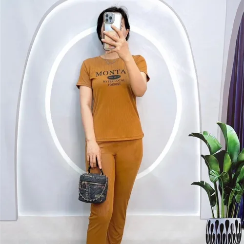 Đồ bộ quần dài ống nhỏ áo tay ngắn in chữ