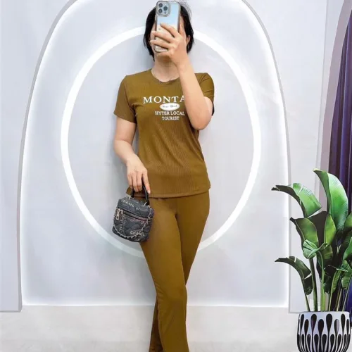 Đồ bộ quần dài ống nhỏ áo tay ngắn in chữ