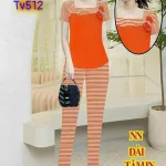 Đồ bộ quần dài ống nhỏ sọc áo tay ngắn cổ vuông