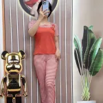 Đồ bộ quần dài ống nhỏ sọc ngang áo tay ngắn cổ vuông