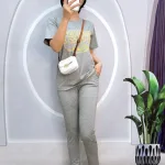 Đồ bộ quần dài ống ôm áo tay ngắn in chữ