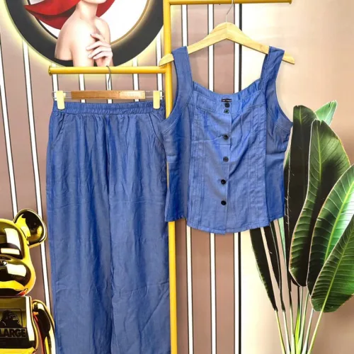 Đồ bộ quần dài ống rộng áo dây màu trơn