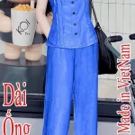 Đồ bộ quần dài ống rộng áo dây màu xanh