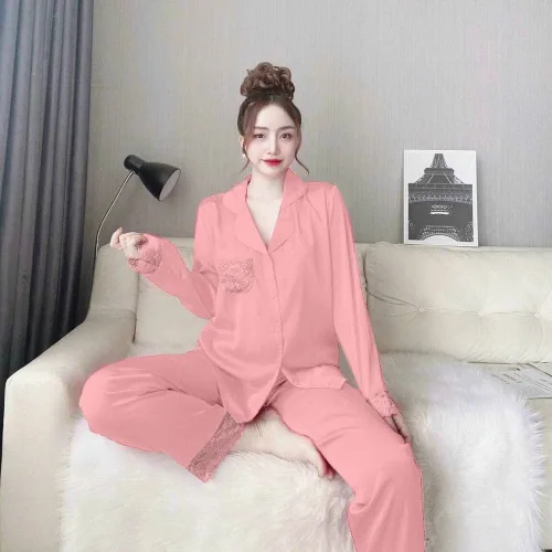 Đồ bộ quần dài pijama áo tay dài cổ bẻ màu trơn