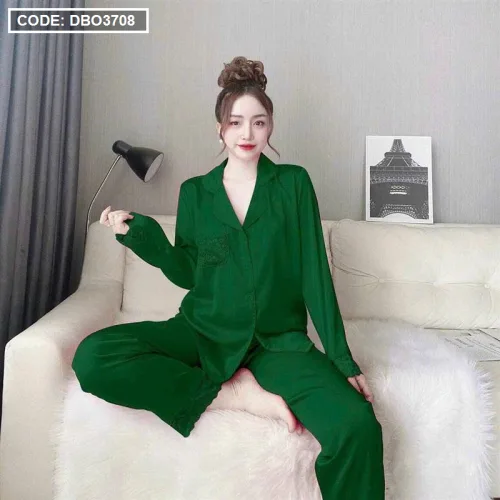 Đồ bộ quần dài pijama áo tay dài cổ bẻ màu trơn