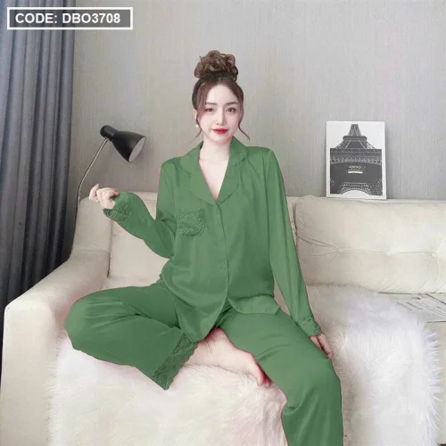 Đồ bộ quần dài pijama áo tay dài cổ bẻ màu trơn