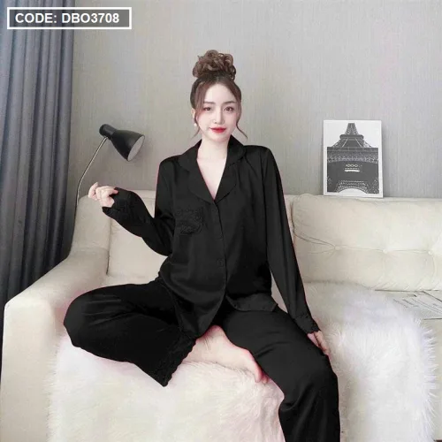 Đồ bộ quần dài pijama áo tay dài cổ bẻ màu trơn