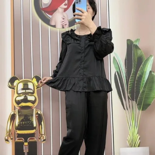 Đồ bộ quần dài pijama áo tay dài màu trơn cổ bèo