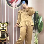 Đồ bộ quần dài pijama áo tay dài màu trơn cổ bèo