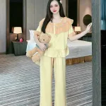 Đồ bộ quần dài pijama áo tay ngắn bèo cổ tròn viền bèo