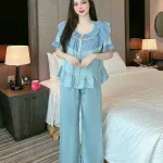 Đồ bộ quần dài pijama áo tay ngắn bèo cổ tròn viền bèo