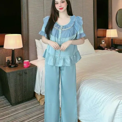 Đồ bộ quần dài pijama áo tay ngắn bèo cổ tròn viền bèo