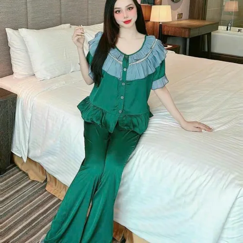 Đồ bộ quần dài pijama áo tay ngắn bèo cổ tròn viền bèo