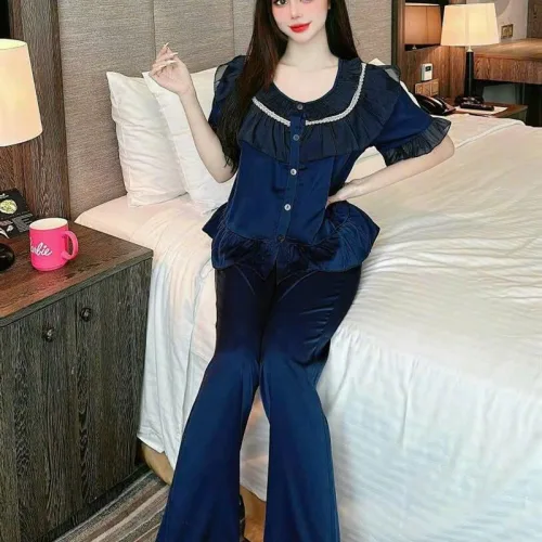 Đồ bộ quần dài pijama áo tay ngắn bèo cổ tròn viền bèo