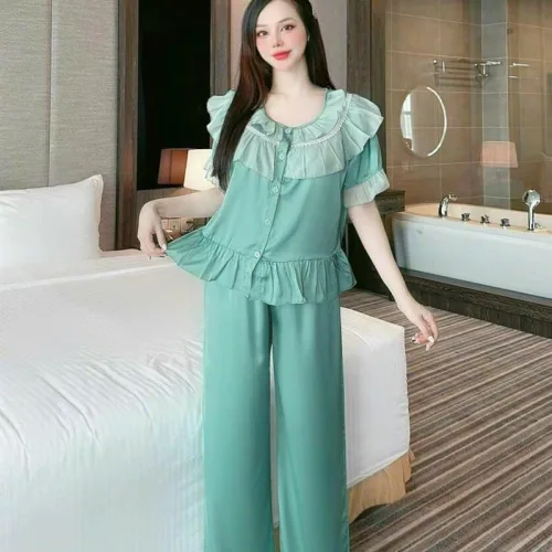 Đồ bộ quần dài pijama áo tay ngắn bèo cổ tròn viền bèo