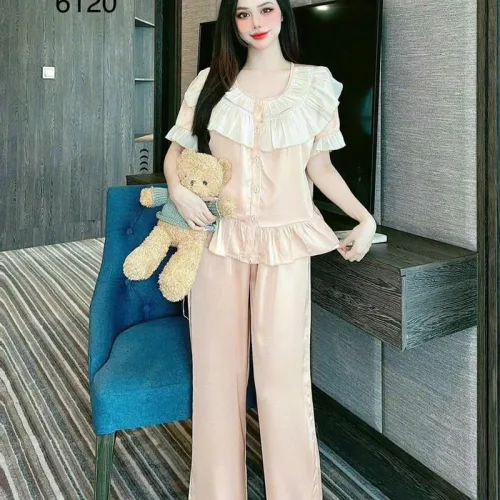 Đồ bộ quần dài pijama áo tay ngắn bèo cổ tròn viền bèo
