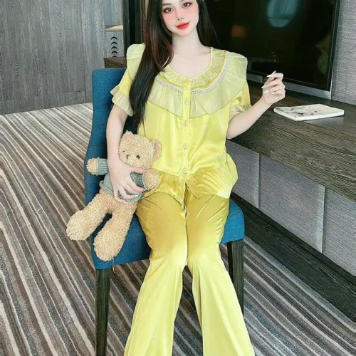 Đồ bộ quần dài pijama áo tay ngắn bèo cổ tròn viền bèo