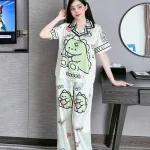 Đồ bộ quần dài pijama áo tay ngắn cổ bẻ hoạ tiết