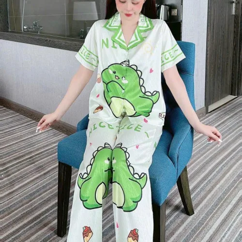 Đồ bộ quần dài pijama áo tay ngắn cổ bẻ hoạ tiết