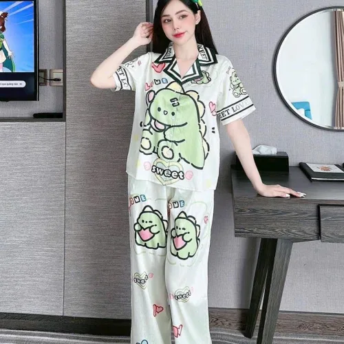 Đồ bộ quần dài pijama áo tay ngắn cổ bẻ hoạ tiết