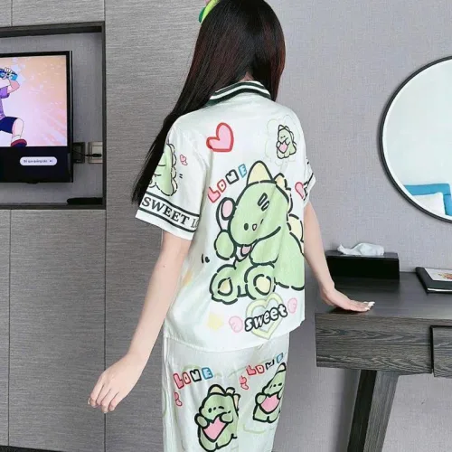Đồ bộ quần dài pijama áo tay ngắn cổ bẻ hoạ tiết