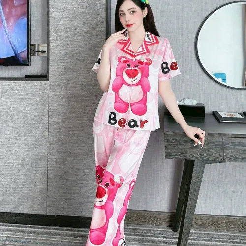 Đồ bộ quần dài pijama áo tay ngắn cổ bẻ hoạ tiết