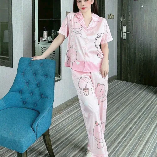 Đồ bộ quần dài pijama áo tay ngắn cổ bẻ hoạ tiết