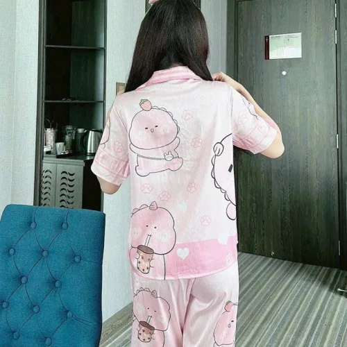 Đồ bộ quần dài pijama áo tay ngắn cổ bẻ hoạ tiết