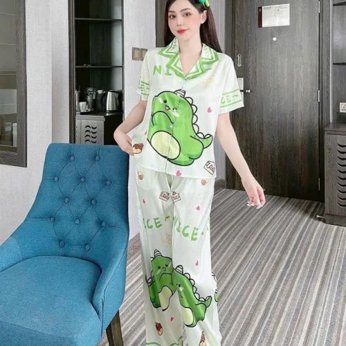 Đồ bộ quần dài pijama áo tay ngắn cổ bẻ hoạ tiết