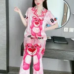 Đồ bộ quần dài pijama áo tay ngắn cổ bẻ hoạ tiết