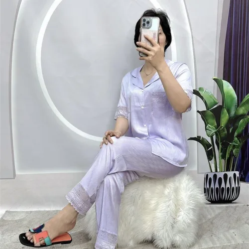 Đồ bộ quần dài pijama áo tay ngắn cổ bẻ màu trơn