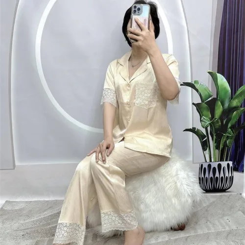 Đồ bộ quần dài pijama áo tay ngắn cổ bẻ màu trơn