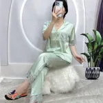 Đồ bộ quần dài pijama áo tay ngắn cổ bẻ màu trơn