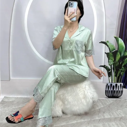 Đồ bộ quần dài pijama áo tay ngắn cổ bẻ màu trơn